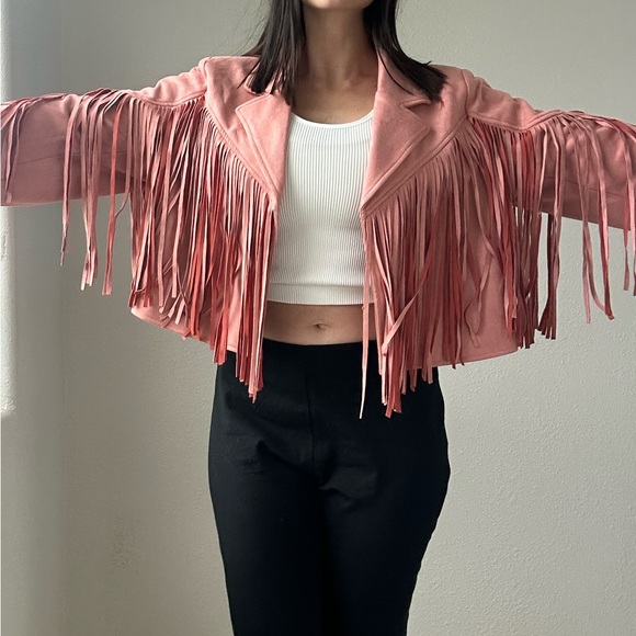 Worn once! Beautiful blush pink jacket with fringe! - Picture 3 of 5